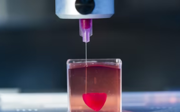 A bioprinter nozzle extruding material into a culture vessel